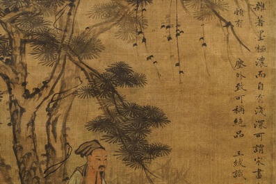 Chinese school, Qing, after Wang Fu (1362-1416): Figures in a landscape, ink and color on silk, mounted on scroll