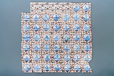 Un ensemble de 96 carreaux en fa&iuml;ence de Delft bleu, blanc et mangan&egrave;se, 18&egrave;me