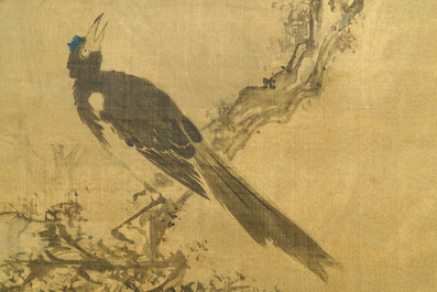 Tani Buncho (Japan, 1763-1841): Birds on a flower branch, ink and color on silk, framed