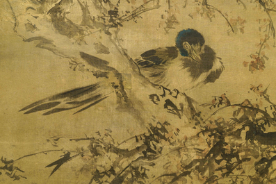 Tani Buncho (Japan, 1763-1841): Birds on a flower branch, ink and color on silk, framed