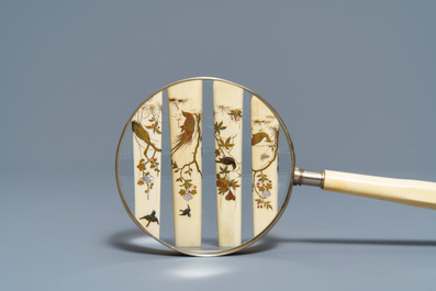 A Japanese Shibayama inlaid ivory magnifier and four handles, Meiji, 19th C.