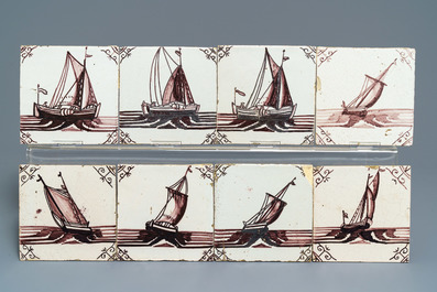 Thirty-three Dutch Delft manganese tiles with seacreatures and ships, 18/19th C.