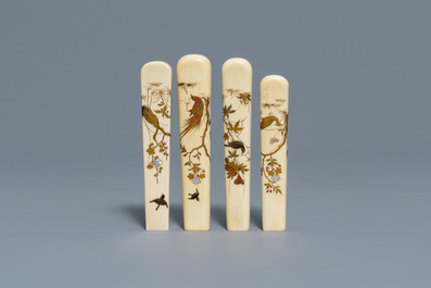 A Japanese Shibayama inlaid ivory magnifier and four handles, Meiji, 19th C.