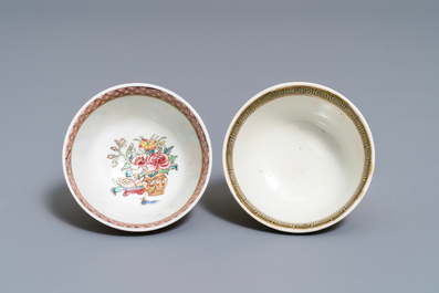 Two fine Chinese famille rose cups and saucers, Yongzheng/Qianlong