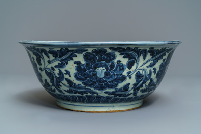 A Chinese blue and white 'peony scroll' bowl, Ming