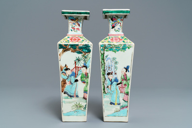 A pair of square Chinese famille rose vases with figures, Yongzheng