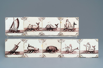 Drie&euml;ndertig Delftse mangane tegels met schepen, vissen en zeewezens, 18/19e eeuw