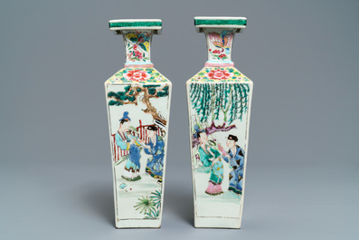 A pair of square Chinese famille rose vases with figures, Yongzheng