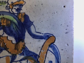 A polychrome Dutch Delft tile with a Roman soldier, Rotterdam, 1st quarter 17th C.