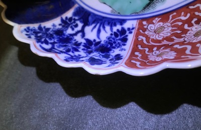 A Chinese verte-Imari 'lady and squirrel' plate, Kangxi