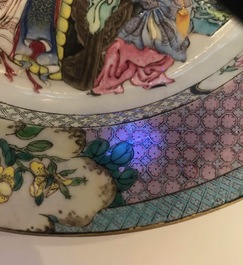 A fine Chinese famille rose 'ruby back' eggshell plate with a lady with three boys, Yongzheng