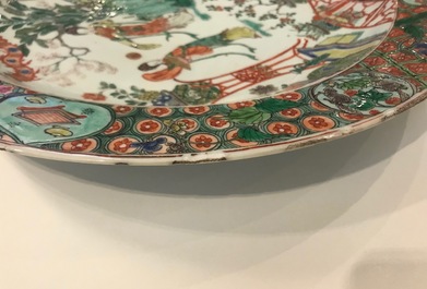 A fine Chinese famille verte dish with ladies in a garden, Kangxi