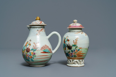 A fine Chinese famille rose 'European subject' milk jug and tea caddy, Qianlong