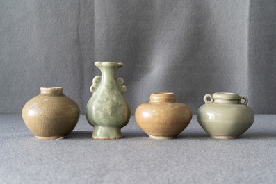 An octagonal Chinese Longquan celadon dish, four vases and two bowls, Song/Ming