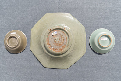 An octagonal Chinese Longquan celadon dish, four vases and two bowls, Song/Ming