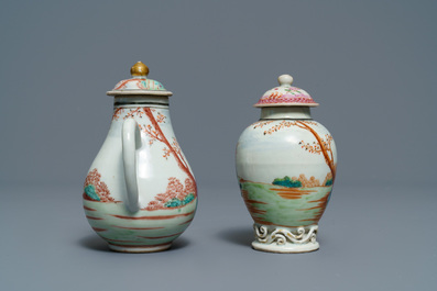Een fijne Chinese famille rose melkkan en theebus met Europees decor, Qianlong
