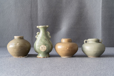 An octagonal Chinese Longquan celadon dish, four vases and two bowls, Song/Ming