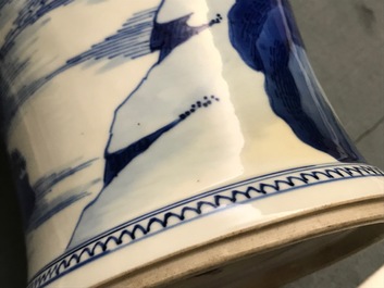 A Chinese blue and white 'river landscape' baluster vase with overglaze accents, Kangxi