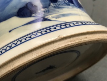 A Chinese blue and white 'river landscape' baluster vase with overglaze accents, Kangxi