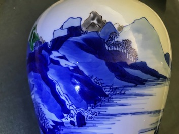 A Chinese blue and white 'river landscape' baluster vase with overglaze accents, Kangxi