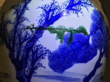 A Chinese blue and white 'river landscape' baluster vase with overglaze accents, Kangxi