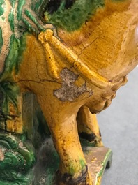 Two Chinese yellow and green-glazed 'horserider' roof tiles, Ming