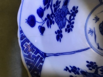 Six Chinese blue and white bowls on stands, Kangxi