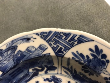 Six Chinese blue and white bowls on stands, Kangxi