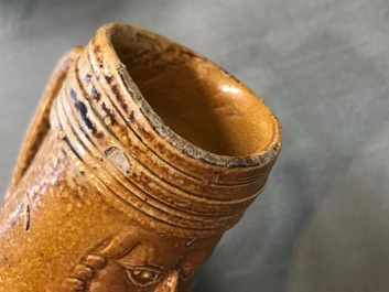 A fine German stoneware Bellarmine jug with text and portrait medallions, Frechen, ca. 1580