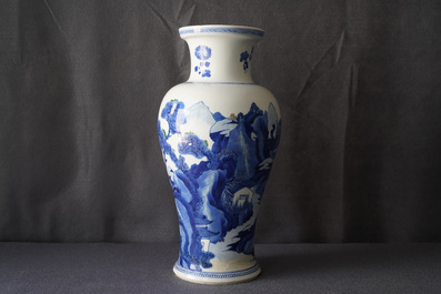 A Chinese blue and white 'river landscape' baluster vase with overglaze accents, Kangxi