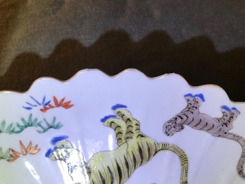 A pair of lobed Chinese famille verte Kakiemon-style 'tiger' plates, Kangxi