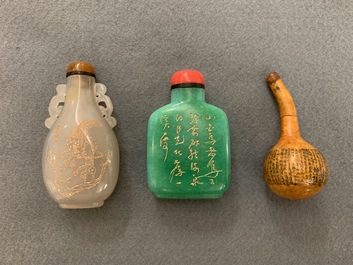 Twaalf Chinese snuifflessen in jade, agaat en lakwerk, 19/20e eeuw
