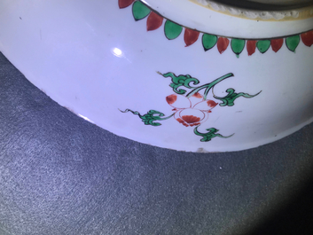 A Chinese famille verte dish with a cat, two birds and a deer, Kangxi