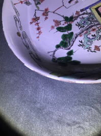 A Chinese famille verte dish with a cat, two birds and a deer, Kangxi