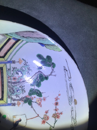 A Chinese famille verte dish with a cat, two birds and a deer, Kangxi