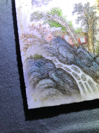 Four square Chinese qianjiang cai landscape plaques, 20th C.
