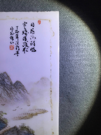 Vier vierkante Chinese qianjiang cai plaquettes met landschappen, 20e eeuw