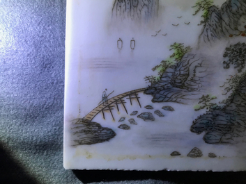 Vier vierkante Chinese qianjiang cai plaquettes met landschappen, 20e eeuw
