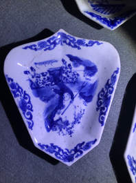A Chinese blue and white sweetmeat or rice table set with figural design, Kangxi