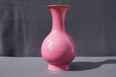 A Chinese famille rose pink-ground vase with floral design, Yongzheng mark, 20th C.