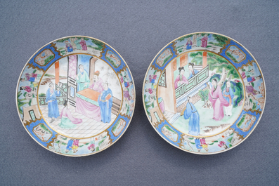 Een paar Chinese 'Van Speyk' Canton famille rose koppen en schotels, gedat. 1831