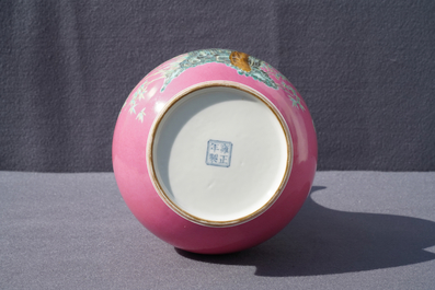 A Chinese famille rose pink-ground vase with floral design, Yongzheng mark, 20th C.