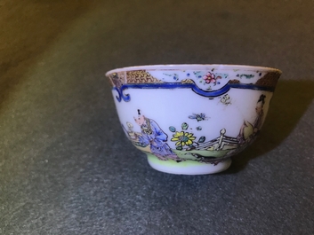 A fine Chinese famille rose cup and saucer with a musician, Yongzheng