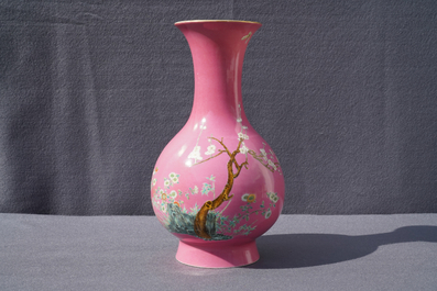 A Chinese famille rose pink-ground vase with floral design, Yongzheng mark, 20th C.