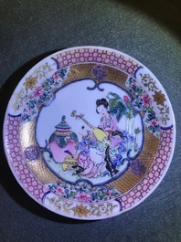 A fine Chinese famille rose cup and saucer with a musician, Yongzheng