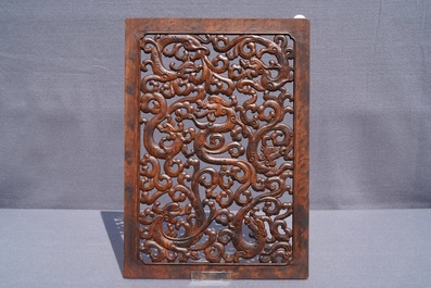 A pair of Chinese reticulated carved wooden panels, 18/19th C.