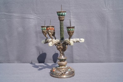 A coral and turquoise-inlaid silver and jade candlestick, China or Tibet, 18/19th C.