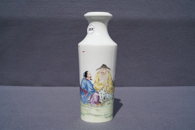 A Chinese famille rose rouleau vase with fishermen, Qianlong mark, Republic, 20th C.