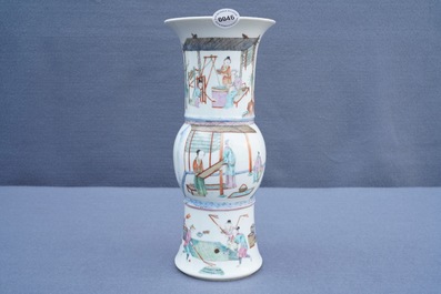 A Chinese famille rose 'rice production' vase, Kangxi mark, 19th C.