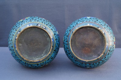 A pair of Chinese cloisonn&eacute; 'lotus scroll' hu vases, 18th C.